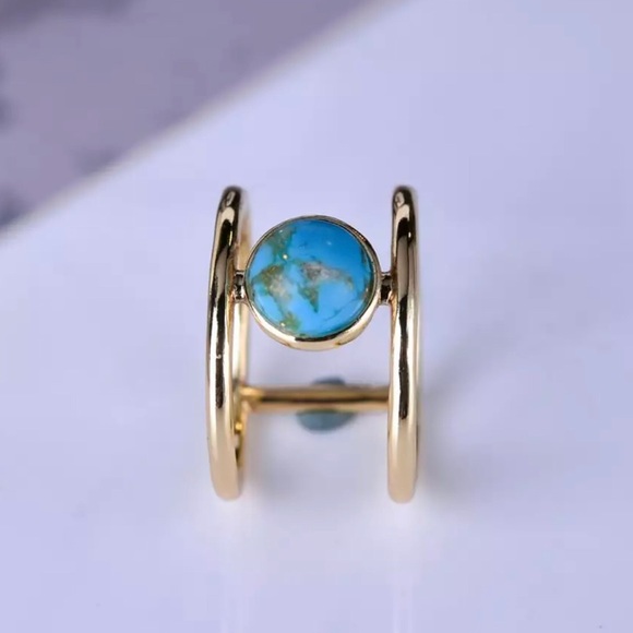 Vintage Gold Double Band Turquoise Ring - Picture 4 of 9